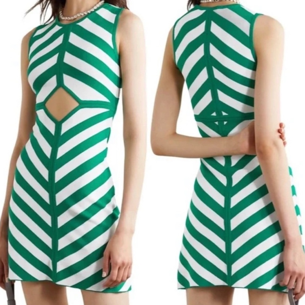 STAUD Green and White Chevron Mini Dress